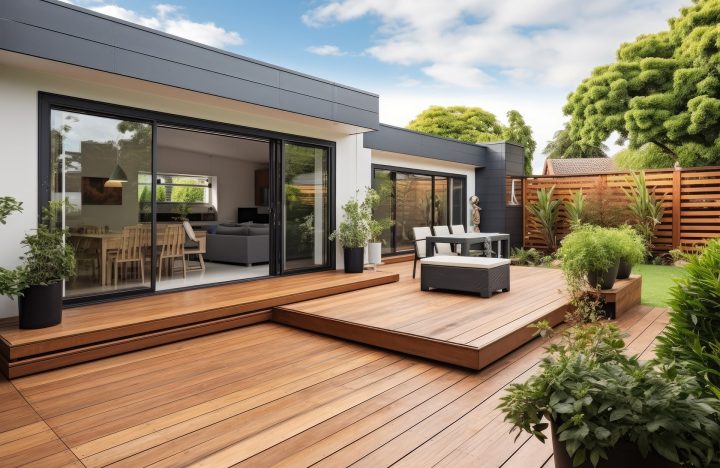 Photographie d'une terrasse en bois de maison moderne. La porte coulissante de la baie vitrée est ouverte.