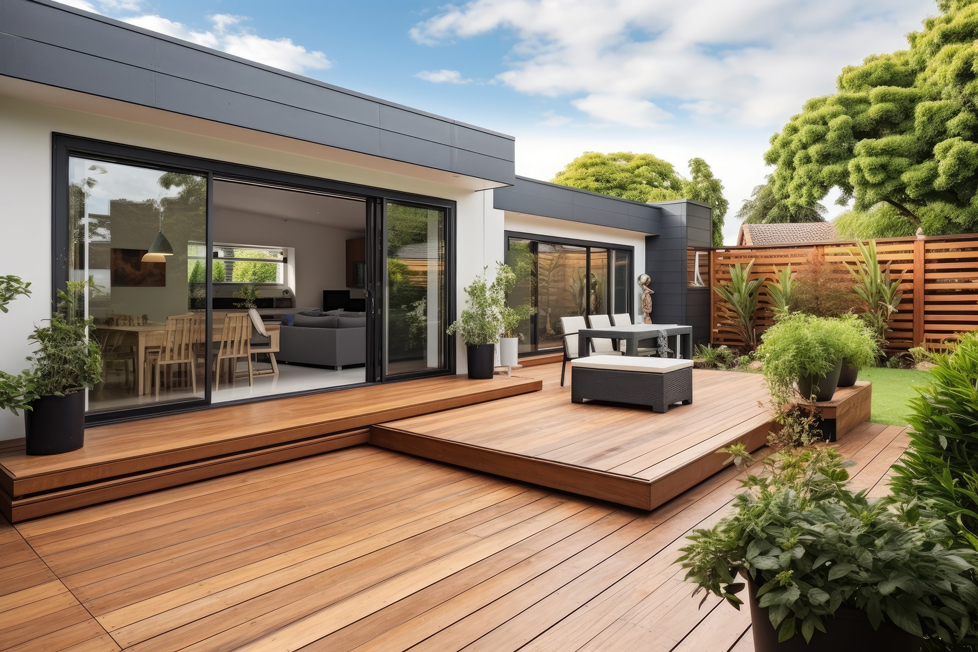 Photographie d'une terrasse en bois de maison moderne. La porte coulissante de la baie vitrée est ouverte.