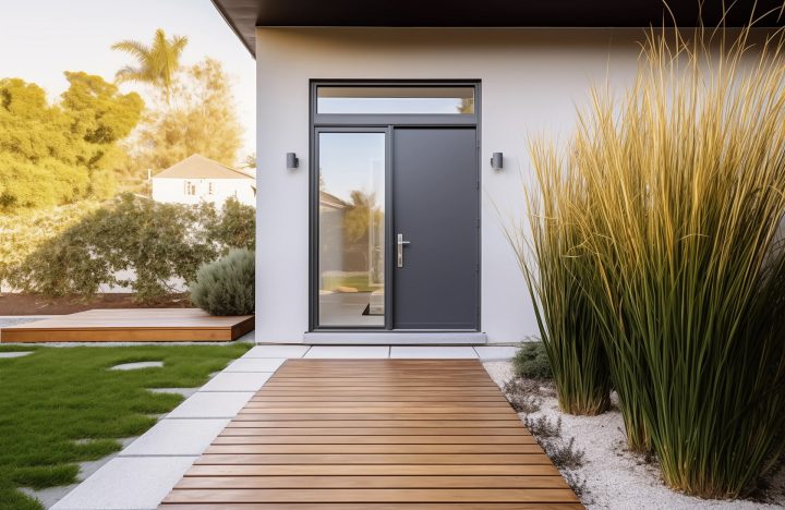 Un chemin en latte de bois traversant un petit jardin et conduisant à la porte d'entrée d'une maison moderne