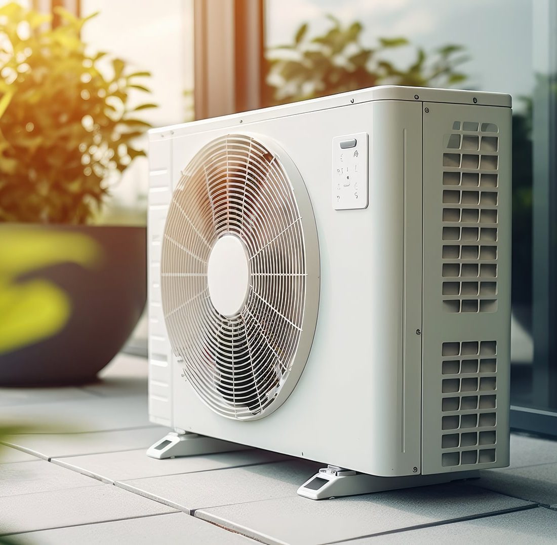 Une pompe à chaleur posée sur un sol carrelé, près de plantes vertes