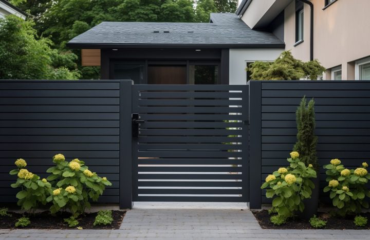 Un portail sombre fermé qui bloque l'accès à une maison avec jardin