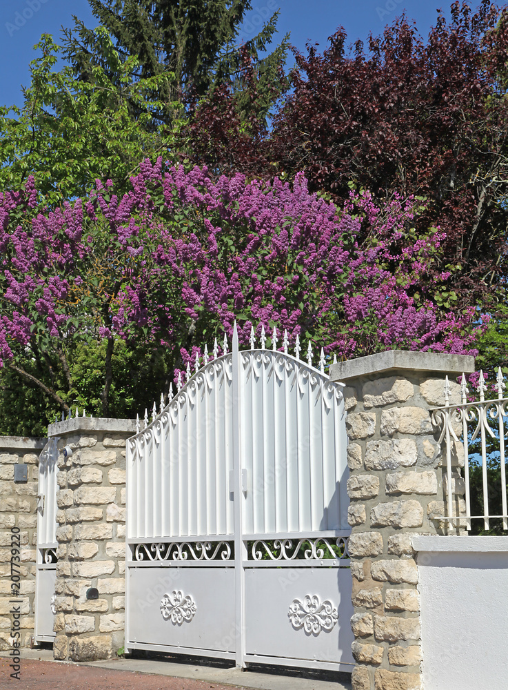 Portail métallique forgé blanc d'une maison